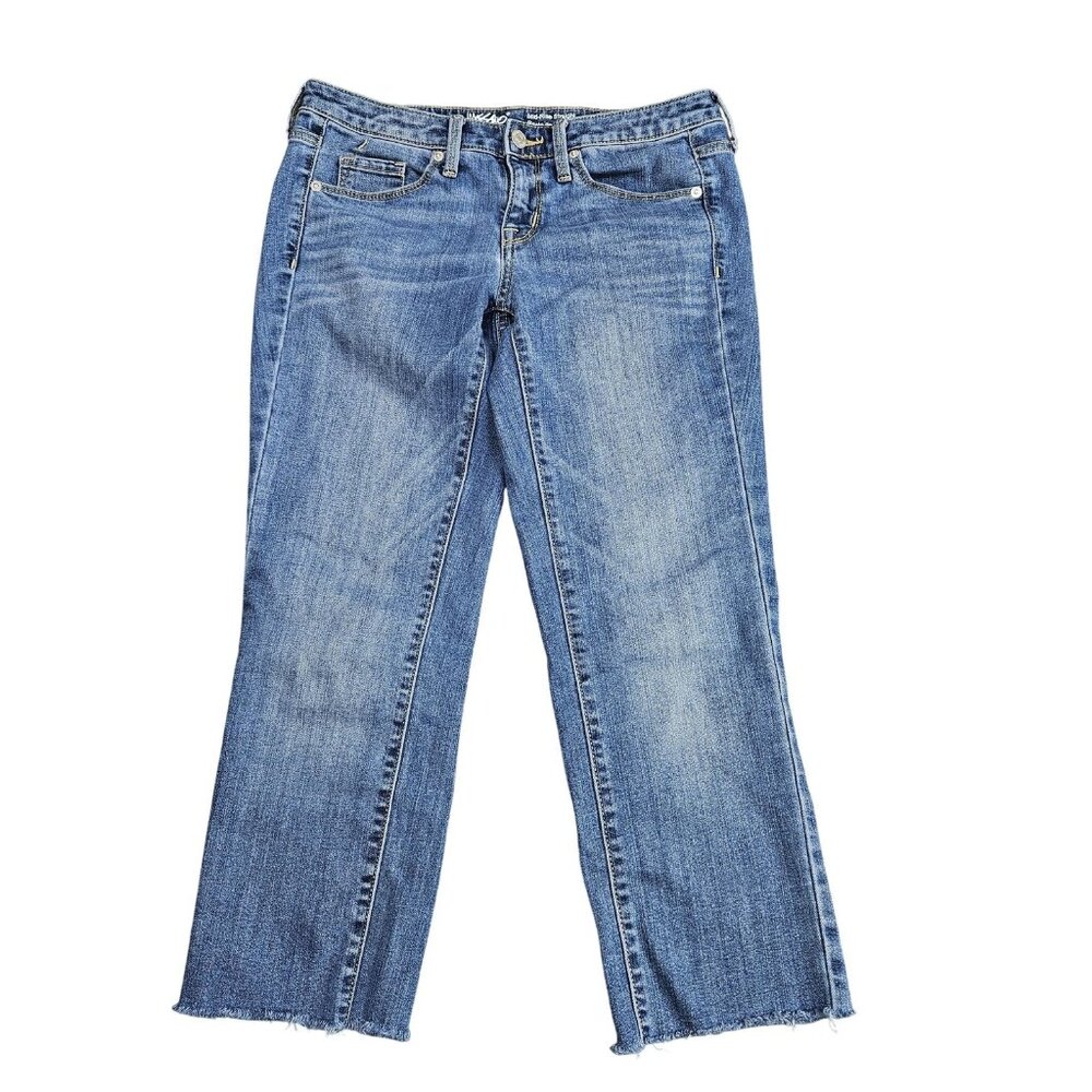 Mossimo Mid Rise Straight Jeans Womens 2R Blue Medium Wash Distressed‎ Denim